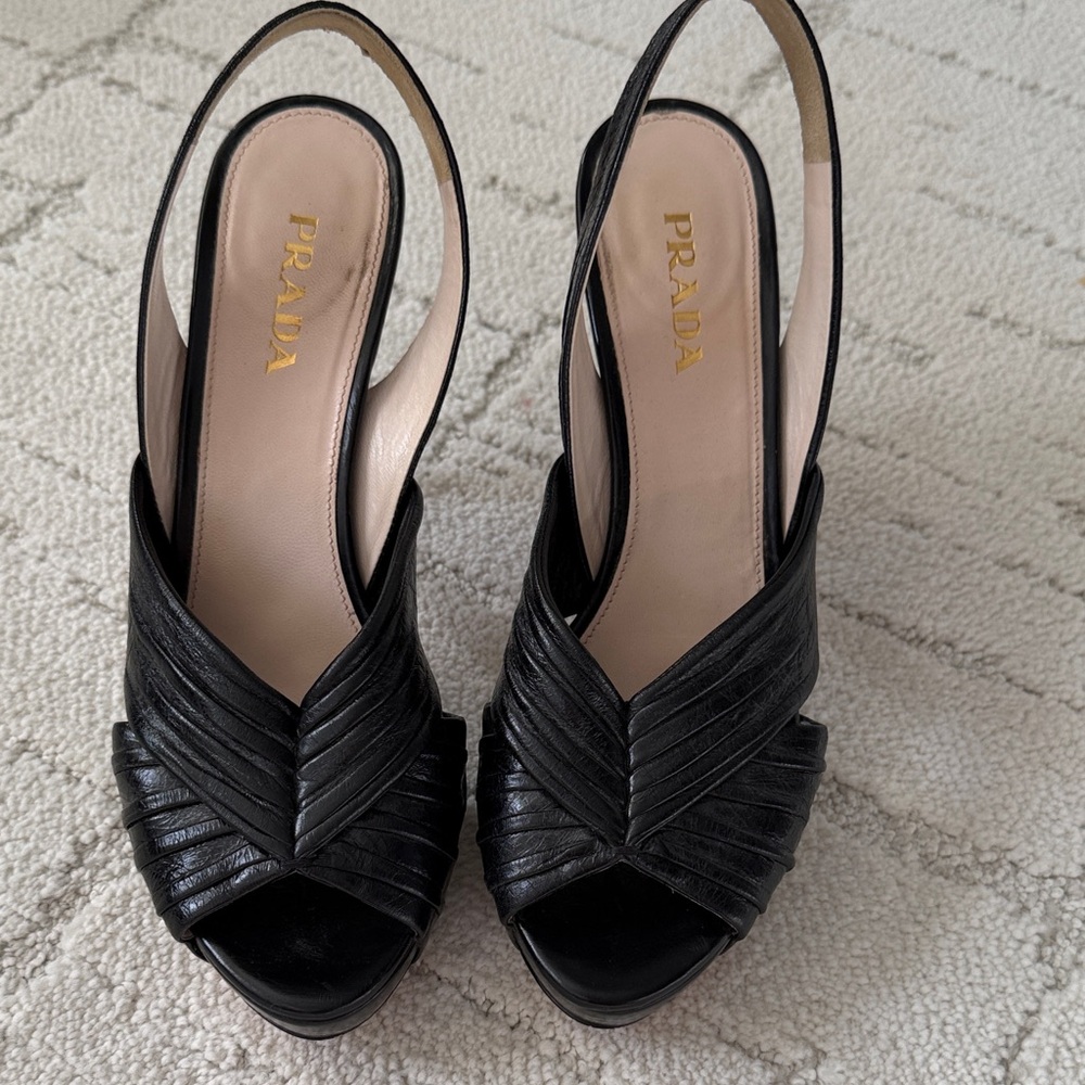 Prada Black Textured Slingback Heels